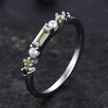 Minimalist Baguette shaped peridot band dainty pearl red garnet wedding band women stackable matching ring gold plated personalized gift