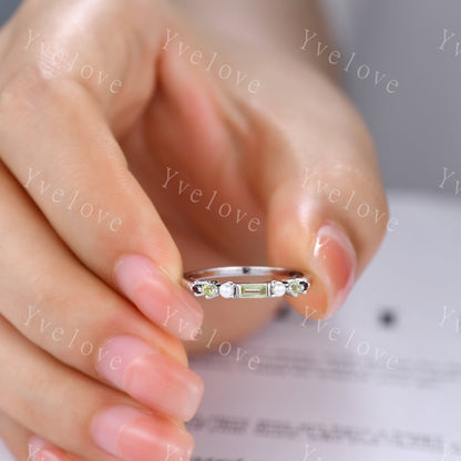 Minimalist Baguette shaped peridot band dainty pearl red garnet wedding band women stackable matching ring gold plated personalized gift