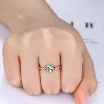 Vintage Round Moss Agate Engagement Ring,Nature Inspired,Dainty Green Gemstone Ring,Gold Ring,Unique Floral Design,Women Diamond Bridal Band