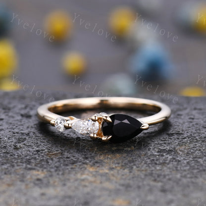 Vintage Black Onyx Engagement Ring,Pear Cut Gems,Art Deco Moissanite Wedding Band,3 Stone Unique Women Bridal Promise Ring Gift,Rose gold