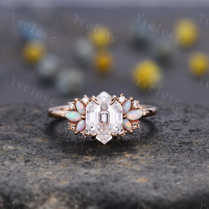 Vintage Hexagon Moissanite Opal engagement ring,Unique Marquise Opal Ring,Cluster Ring,Rose Gold,Women Bridal Wedding Band,Statement Ring