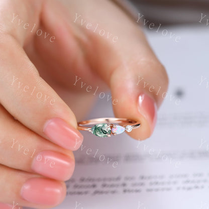 Unique Moss Agate Opal Engagement Ring,Pear Cut Gems,Art Deco Moissanite Wedding Band,3 Stone Unique Women Bridal Promise Ring,Customized