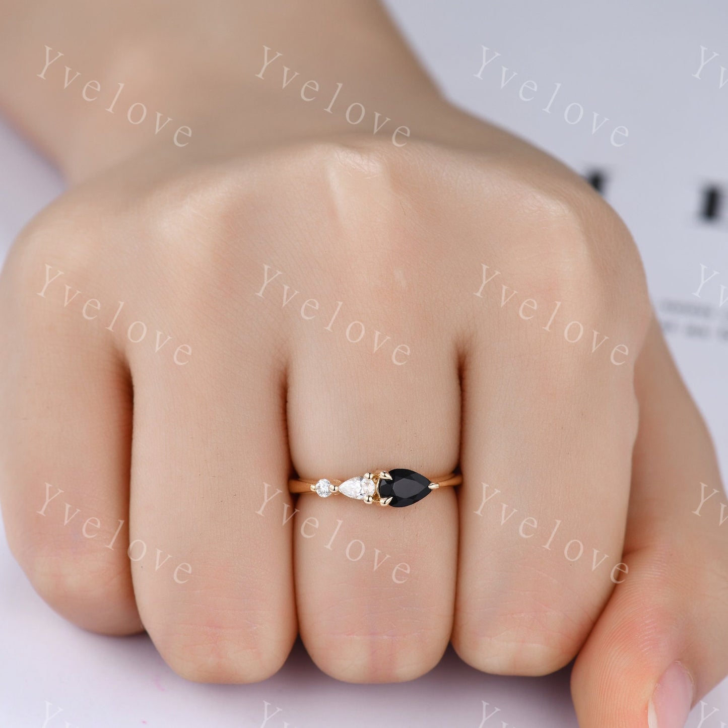 Vintage Black Onyx Engagement Ring,Pear Cut Gems,Art Deco Moissanite Wedding Band,3 Stone Unique Women Bridal Promise Ring Gift,Rose gold