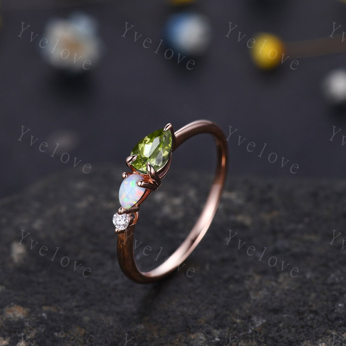 Vintage Peridot Opal Engagement Ring,Pear Cut Gems,Art Deco Moissanite Wedding Band,3 Stone Unique Women Bridal Promise Ring,Customized Gift