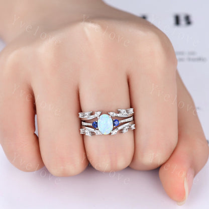 Vintage Oval Opal Engagement Ring Diamond Blue Sapphire Matching Band Stacking Bridal Ring Set Moissanite Enchancer Band Anniversary Gift