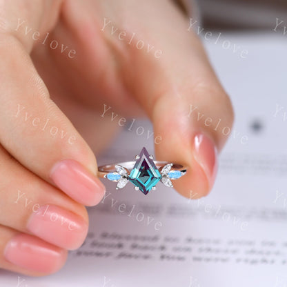 Art Deco Kite Alexandrite Engagement Ring,Unique Bridal Ring,Marquise Moonstone Ring,Moissanite Ring For Women,Rose Gold Band Silver Ring