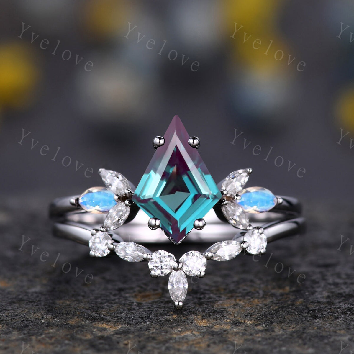Art Deco Kite Alexandrite Engagement Ring,Unique Bridal Ring,Marquise Moonstone Ring,Moissanite Ring For Women,Rose Gold Band Silver Ring