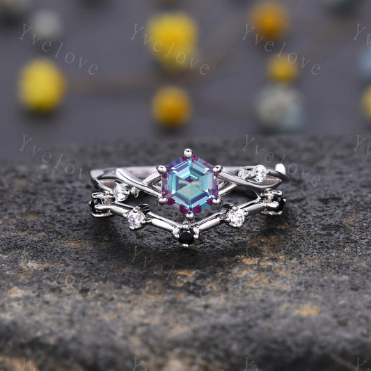 Unique Hexagon shape Alexandrite Engagement Ring,Vintage Branch Twig Diamond Ring,White Gold Ring,Vine Ring,Women Promise Bridal Ring,Custom