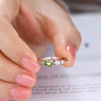 Vintage Peridot Opal Engagement Ring,Pear Cut Gems,Art Deco Moissanite Wedding Band,3 Stone Unique Women Bridal Promise Ring,Customized Gift