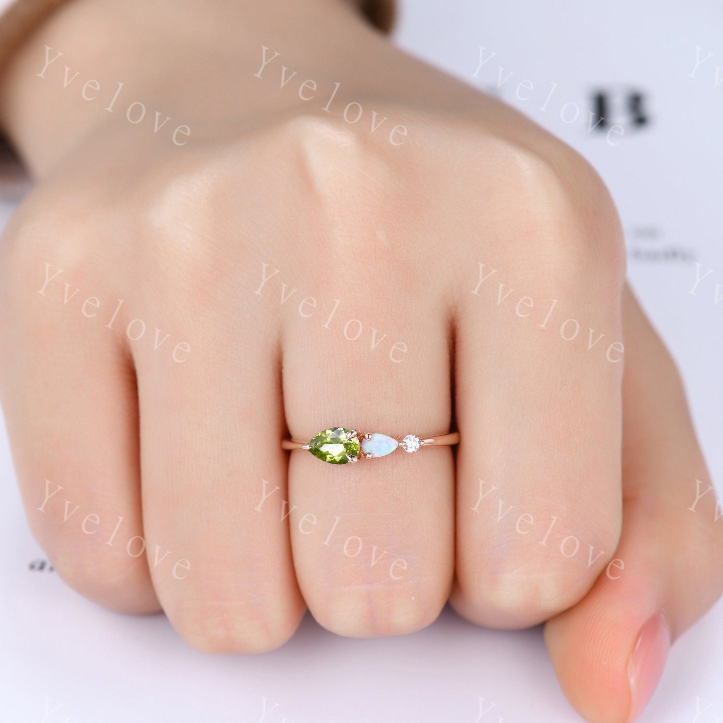 Vintage Peridot Opal Engagement Ring,Pear Cut Gems,Art Deco Moissanite Wedding Band,3 Stone Unique Women Bridal Promise Ring,Customized Gift