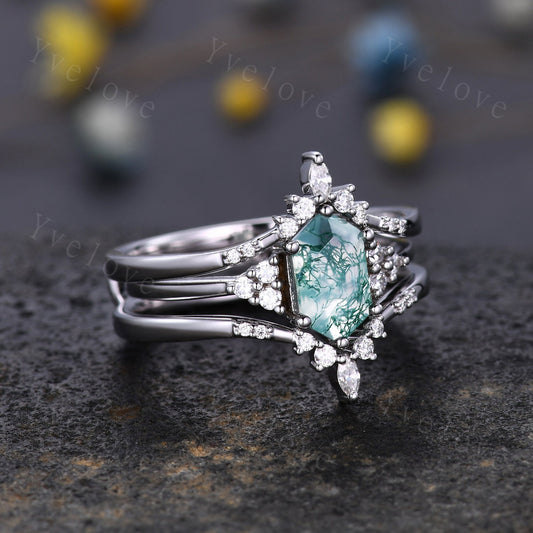 Retro Long hexagon Moss Agate Ring,Vintage Sterling Silver Ring Set,Unique Agate Engagement Ring,Enhancer Ring,Anniversary Ring Gift For Her