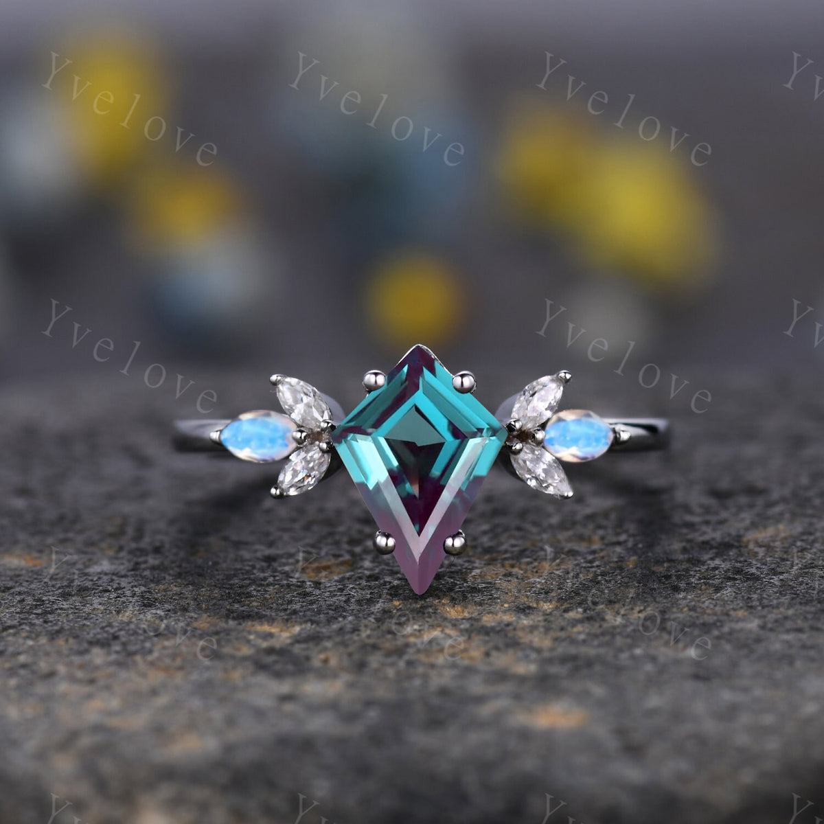 Art Deco Kite Alexandrite Engagement Ring,Unique Bridal Ring,Marquise Moonstone Ring,Moissanite Ring For Women,Rose Gold Band Silver Ring