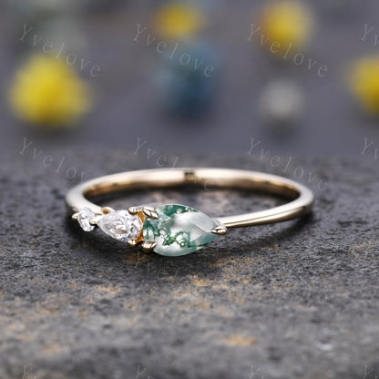 Vintage Moss Agate Ring Engagement Ring,Pear Cut Gems,Art Deco Moissanite Wedding Band,3 Stone Unique Women Bridal Promise Ring,Rose gold