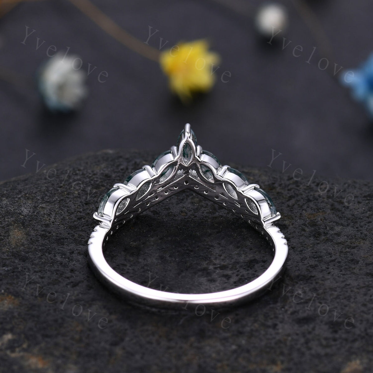 Unique Moss Agate Rings for Women,Marquise moss agate Ring,White Gold Green Gems Engagement Ring,Diamond Stacking Wedding Band,Promise Gift