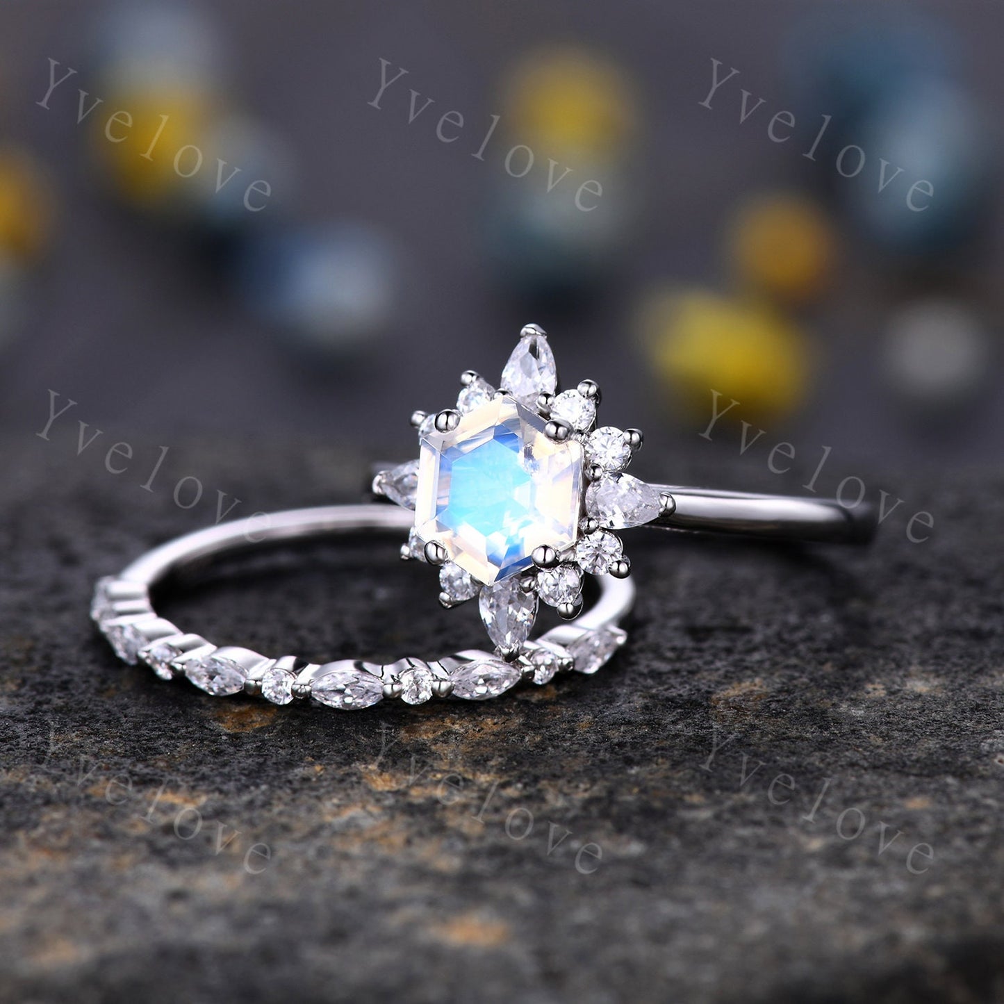 Unique Moonstone Engagement Ring Set,hexagon Moonstone ring,Retro Moissanite Band,Sterling silver Ring,Women Matching Band,Promise Ring Gift