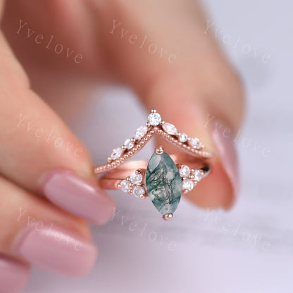Unique marquise cut moss agate engagement ring set vintage women rose gold moissanite diamond stacking wedding ring Bridal set art deco ring