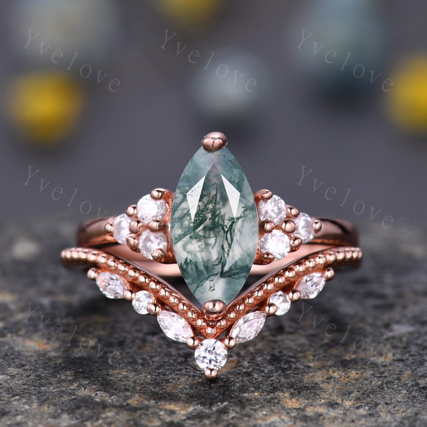 Unique marquise cut moss agate engagement ring set vintage women rose gold moissanite diamond stacking wedding ring Bridal set art deco ring