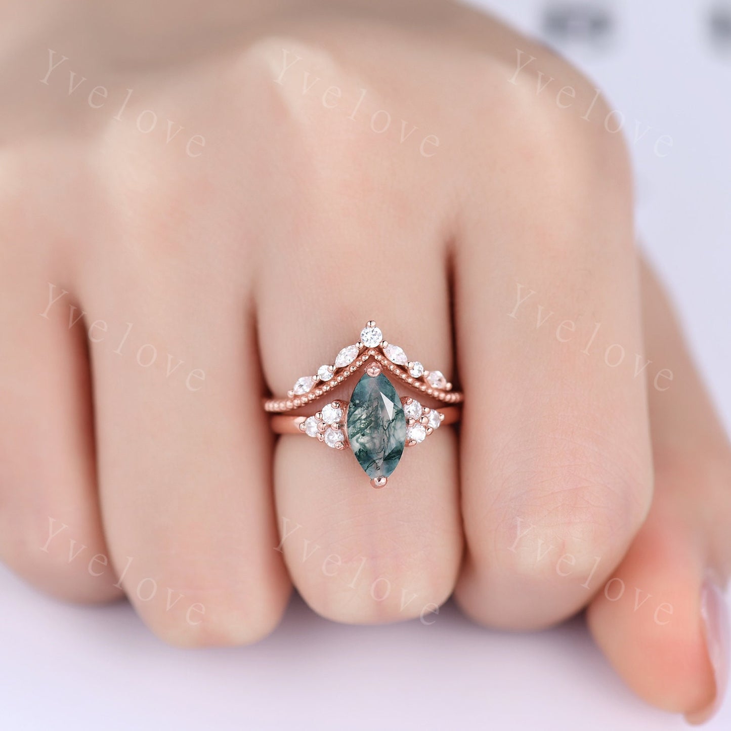 Unique marquise cut moss agate engagement ring set vintage women rose gold moissanite diamond stacking wedding ring Bridal set art deco ring