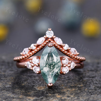 Unique marquise cut moss agate engagement ring set vintage women rose gold moissanite diamond stacking wedding ring Bridal set art deco ring