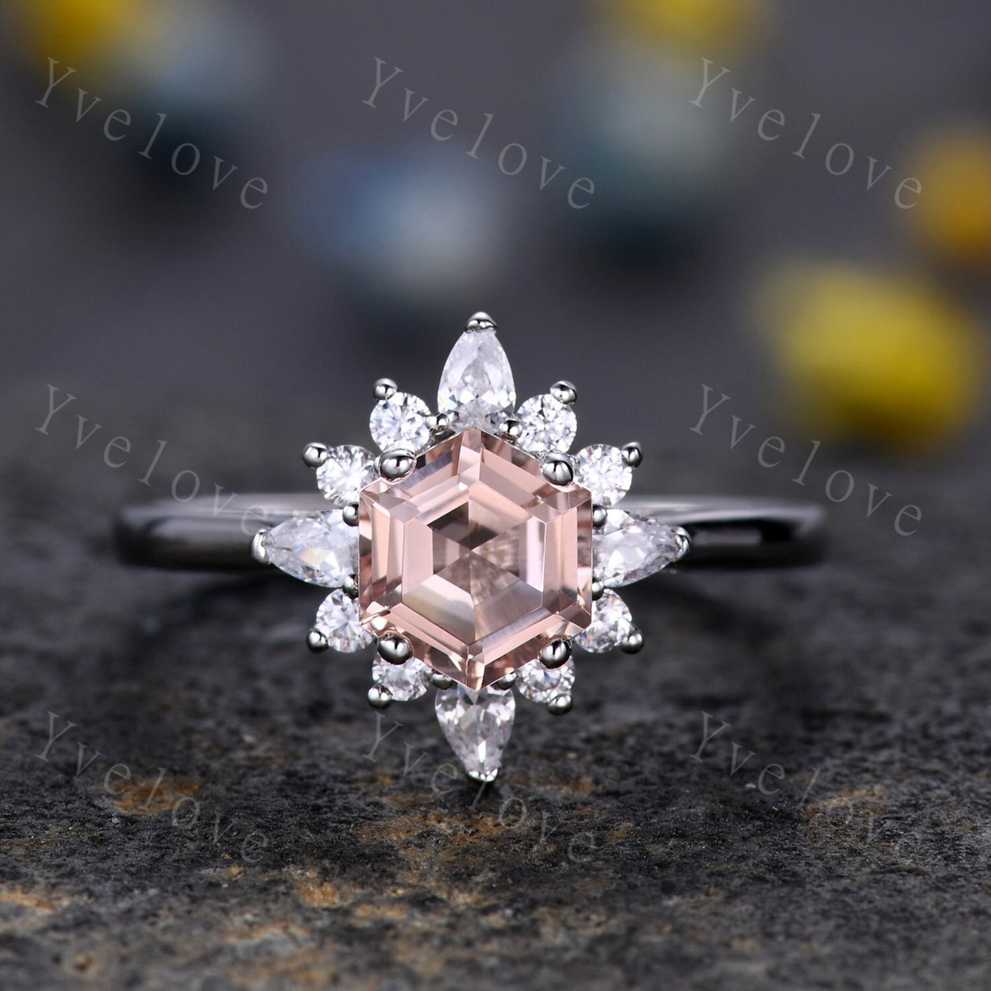 Art Deco Morganite Engagement Ring Set,hexagon Morganite ring,Marquise Moissanite Band,Pink Morganite Ring,Women Matching Wedding Band Gift
