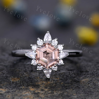 Art Deco Morganite Engagement Ring Set,hexagon Morganite ring,Marquise Moissanite Band,Pink Morganite Ring,Women Matching Wedding Band Gift