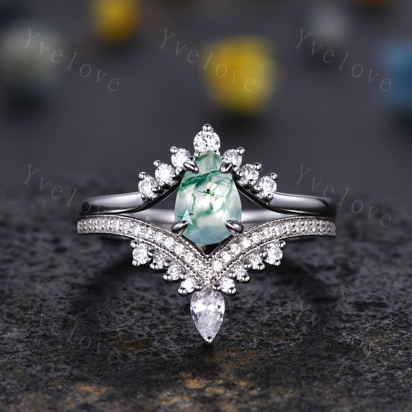 Pear moss agate ring 14k Solid Gold Vintage moss agate engagement ring set  Curved diamond Band Ring women art deco vintage moss engagement