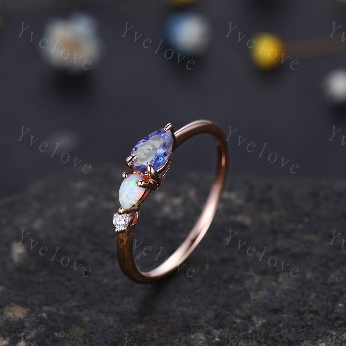 Vintage Tanzanite Opal Ring Engagement Ring,Pear Cut Gems,Art Deco Moissanite Wedding Band,3 Stone Unique Women Bridal Promise Ring,Silver