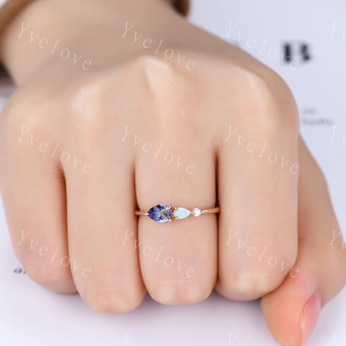 Vintage Tanzanite Opal Ring Engagement Ring,Pear Cut Gems,Art Deco Moissanite Wedding Band,3 Stone Unique Women Bridal Promise Ring,Silver