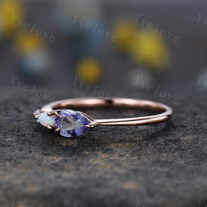 Vintage Tanzanite Opal Ring Engagement Ring,Pear Cut Gems,Art Deco Moissanite Wedding Band,3 Stone Unique Women Bridal Promise Ring,Silver