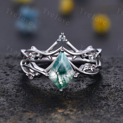 Unique Kite Moss Agate Engagement Ring,Vintage Twig Alexandrite Ring,Branch Ring,White Gold Silver Ring Promise Bridal Set,Green Agate Ring