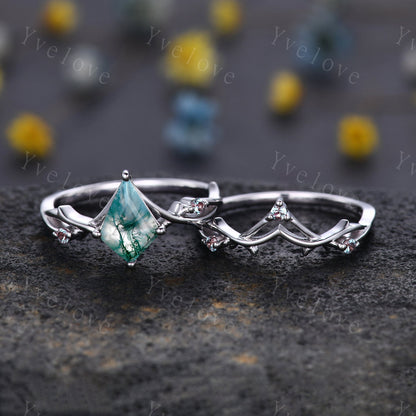 Unique Kite Moss Agate Engagement Ring,Vintage Twig Alexandrite Ring,Branch Ring,White Gold Silver Ring Promise Bridal Set,Green Agate Ring