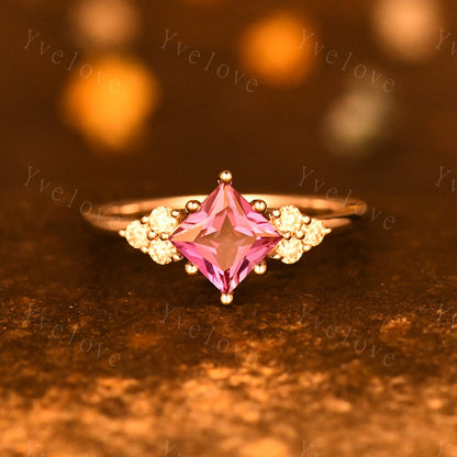 Vintage Retro Alexandrite Ring,6mm Princess Cut Engagement Ring,Moissanite Stacking band,June birthtone,14K Rose Gold,Women Anniversary gift