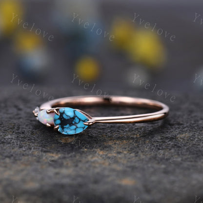 Vintage Turquoise Opal Engagement Ring,Pear Cut Gems,Art Deco Moissanite Wedding Band,3 Stone Unique Women Bridal Promise Ring,Silver Ring
