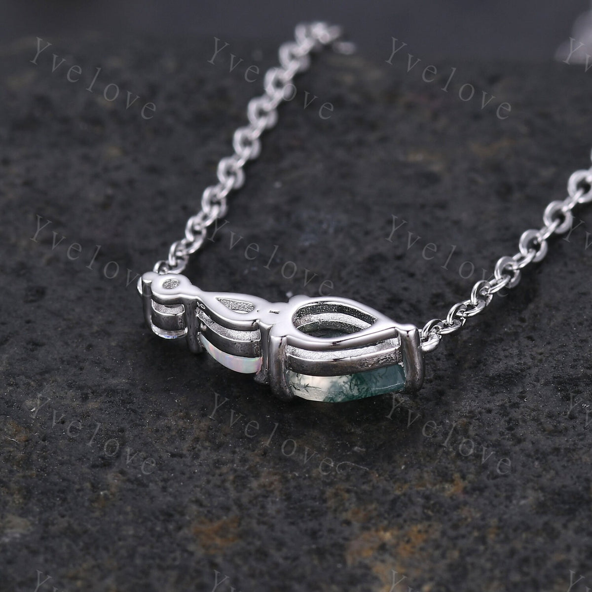 Unique Aquamarine Opal Necklace,Pear Cut Gems,Art Deco Moissanite Diamond Delicate Dainty Necklace,3 Stone Unique Women Bridal Gift,Silver