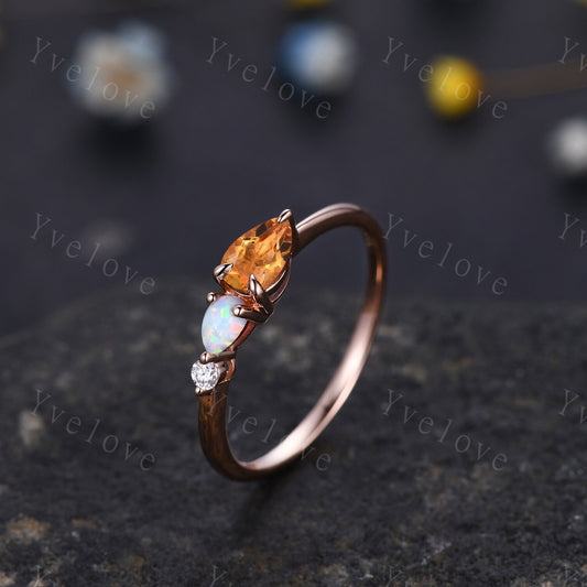 Vintage Yellow Citrine Opal Engagement Ring,Pear Cut Gems,Art Deco Moissanite Wedding Band,3 Stone Unique Women Bridal Promise Ring,Custom
