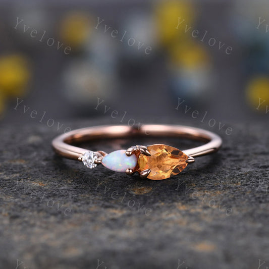 Vintage Yellow Citrine Opal Engagement Ring,Pear Cut Gems,Art Deco Moissanite Wedding Band,3 Stone Unique Women Bridal Promise Ring,Custom