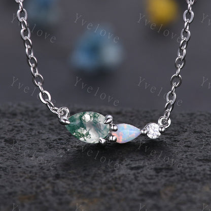 Unique Opal Moissanite 3 Stone Necklace,Pear Cut Gems Delicate Dainty Pendant,Art Deco Women Bridal Gift