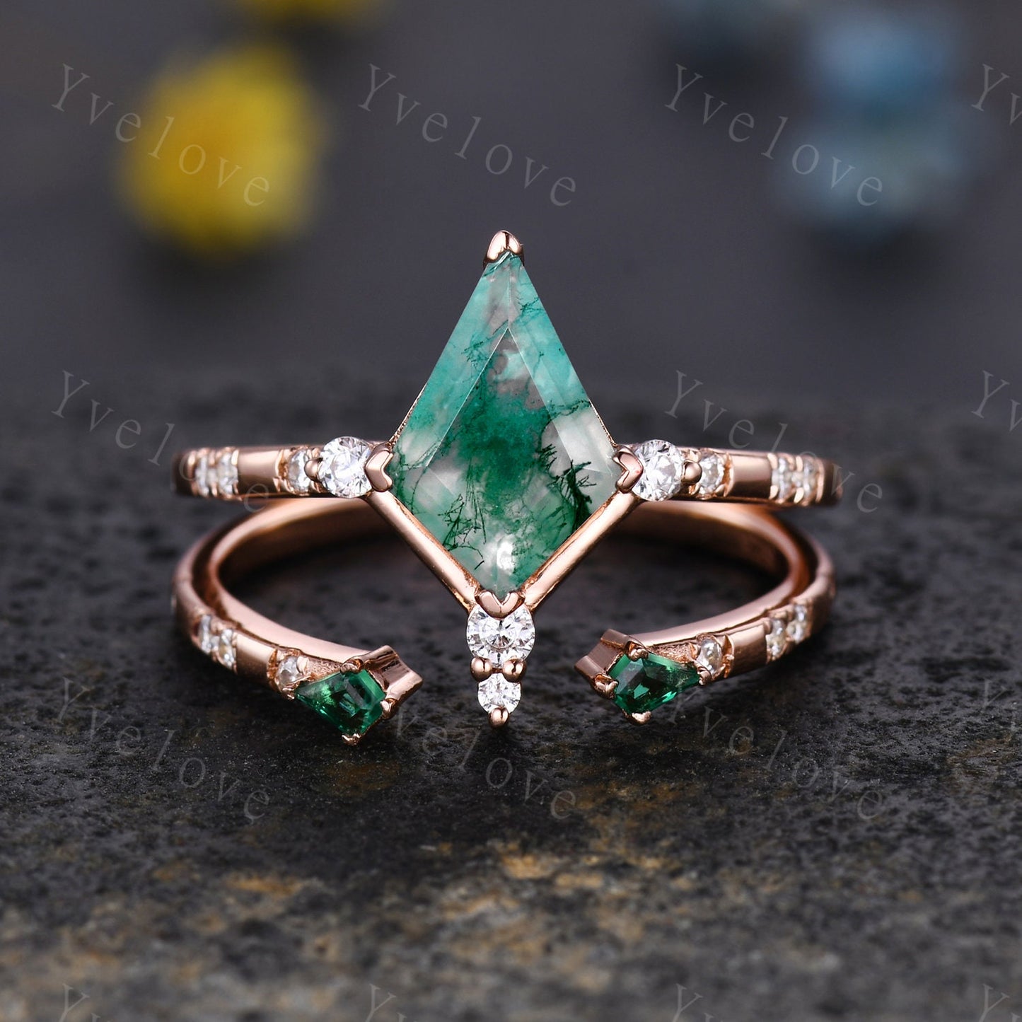 Unique Kite Shaped Moss Agate Engagement Ring,Vintage Natural Agate Ring,Emerald Open wedding Band Bridal set Anniversary Promise Ring