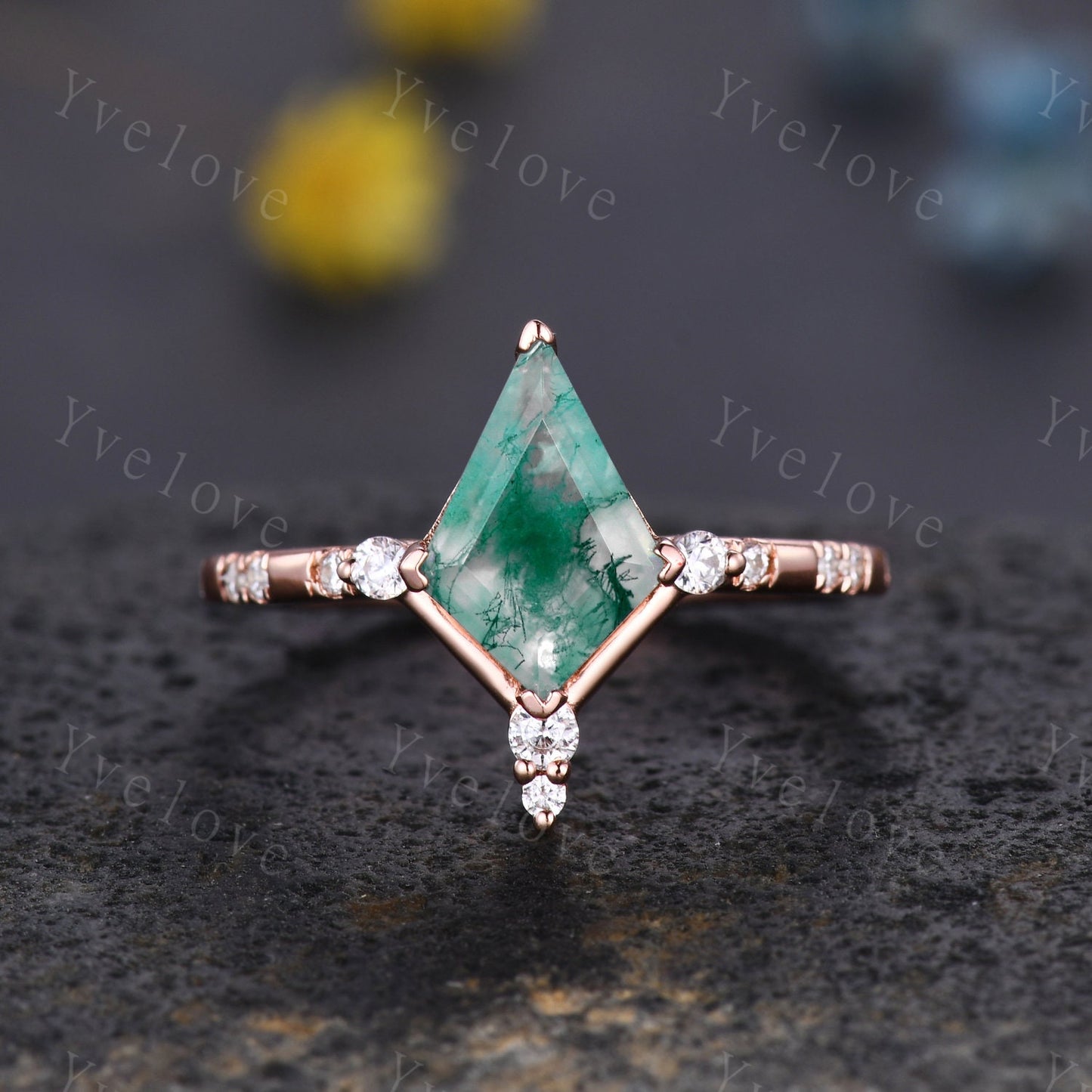 Unique Kite Shaped Moss Agate Engagement Ring,Vintage Natural Agate Ring,Emerald Open wedding Band Bridal set Anniversary Promise Ring