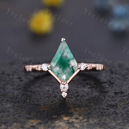 Unique Kite Shaped Moss Agate Engagement Ring,Vintage Natural Agate Ring,Emerald Open wedding Band Bridal set Anniversary Promise Ring