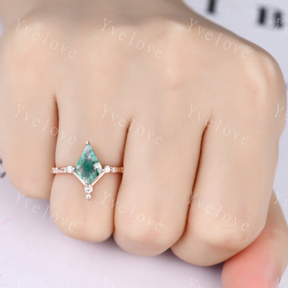 Unique Kite Shaped Moss Agate Engagement Ring,Vintage Natural Agate Ring,Emerald Open wedding Band Bridal set Anniversary Promise Ring