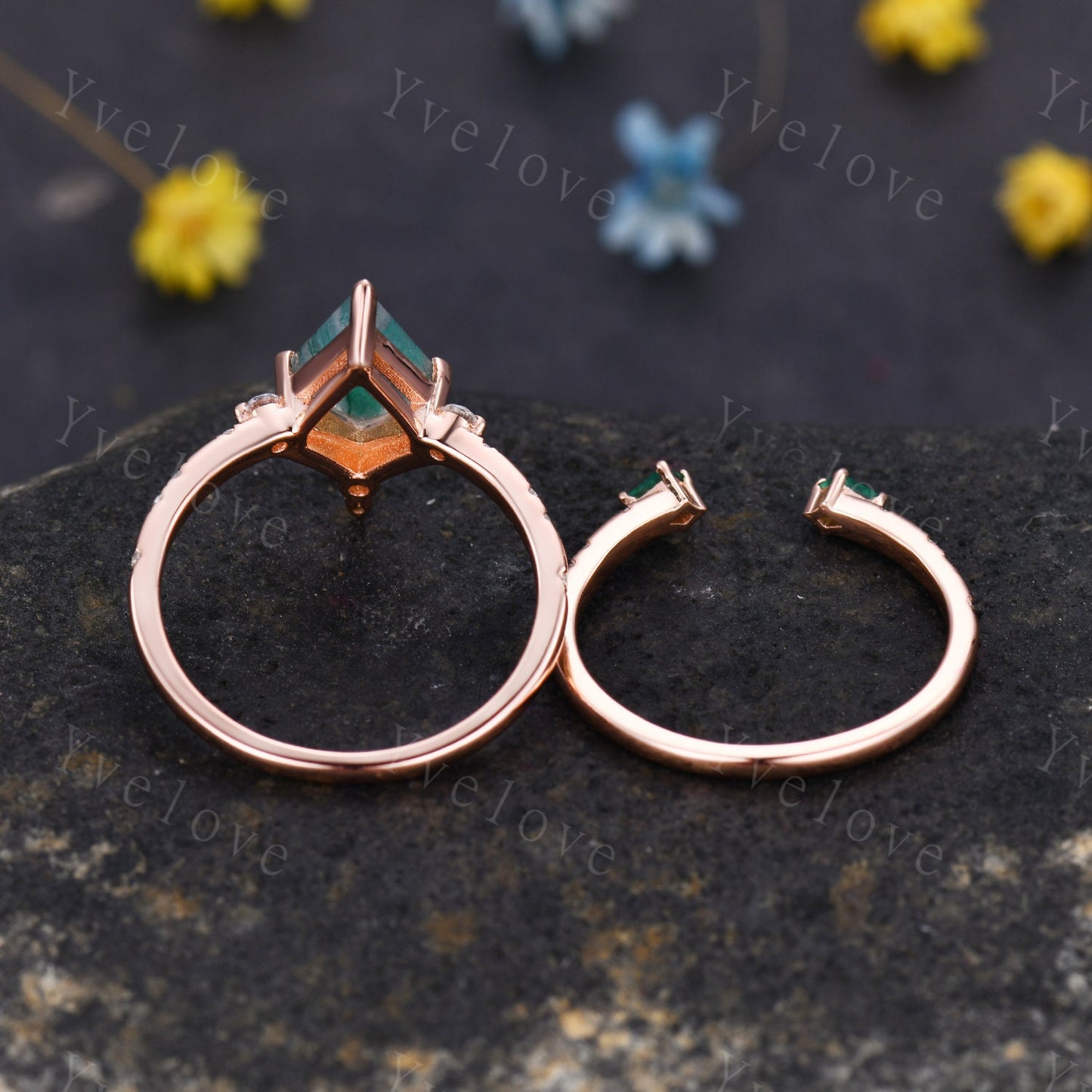 Unique Kite Shaped Moss Agate Engagement Ring,Vintage Natural Agate Ring,Emerald Open wedding Band Bridal set Anniversary Promise Ring