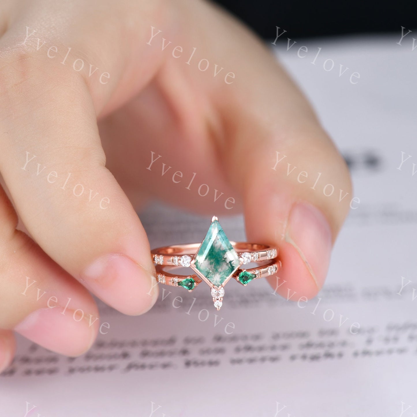 Unique Kite Shaped Moss Agate Engagement Ring,Vintage Natural Agate Ring,Emerald Open wedding Band Bridal set Anniversary Promise Ring