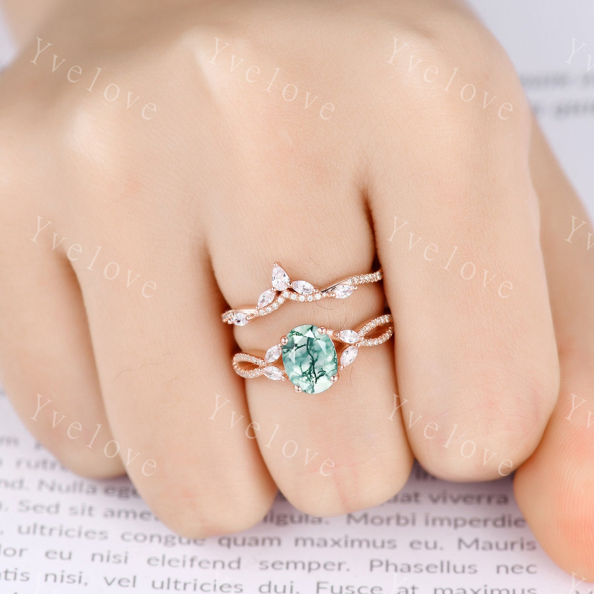 Art Deco Oval Moss Agate engagement ring set 14k Gold Green Aagte Ring Unique Bridal set Diamond wedding Curved Band Vintage Promise Gift