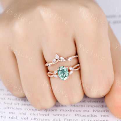 Art Deco Oval Moss Agate engagement ring set 14k Gold Green Aagte Ring Unique Bridal set Diamond wedding Curved Band Vintage Promise Gift