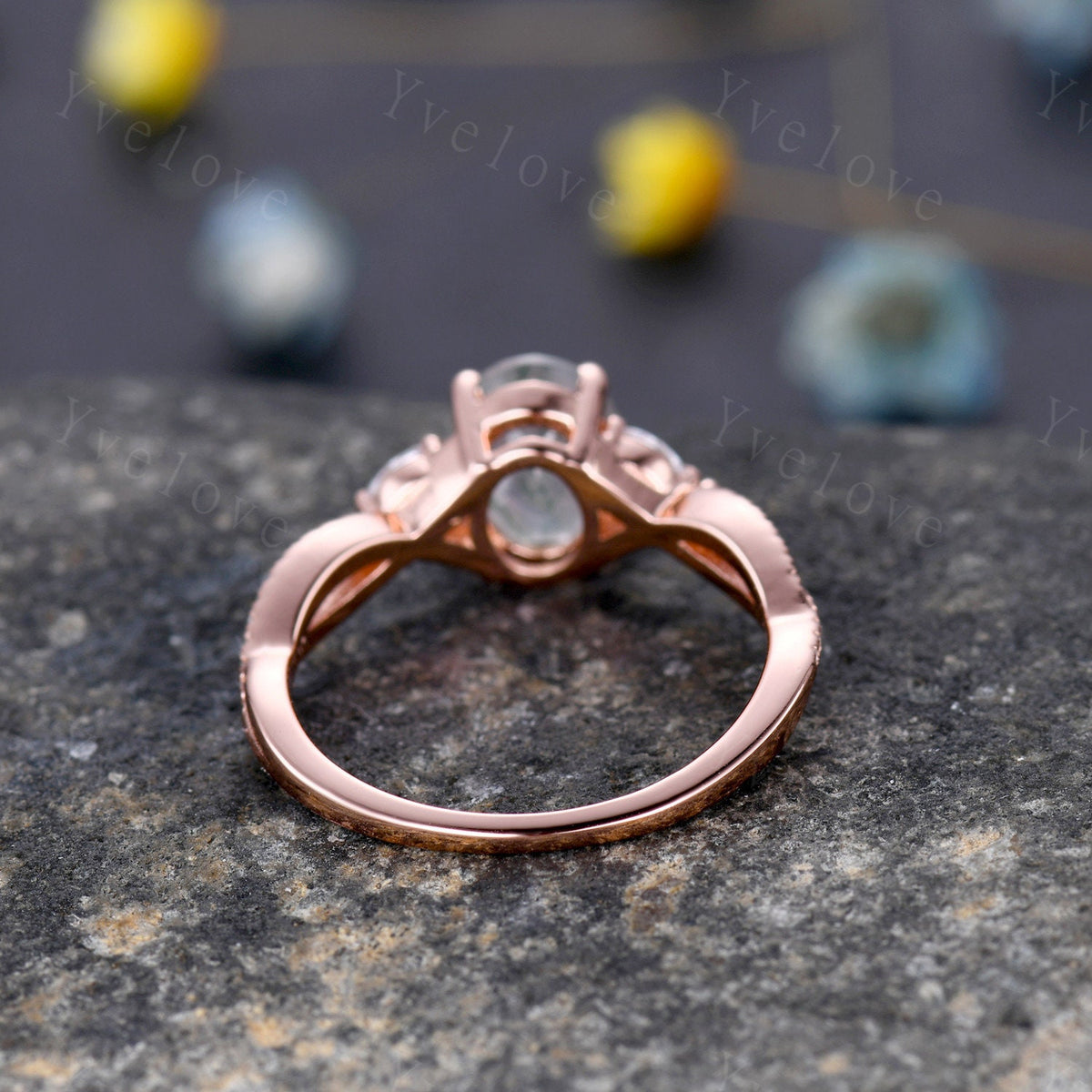 Art Deco Oval Moss Agate engagement ring set 14k Gold Green Aagte Ring Unique Bridal set Diamond wedding Curved Band Vintage Promise Gift