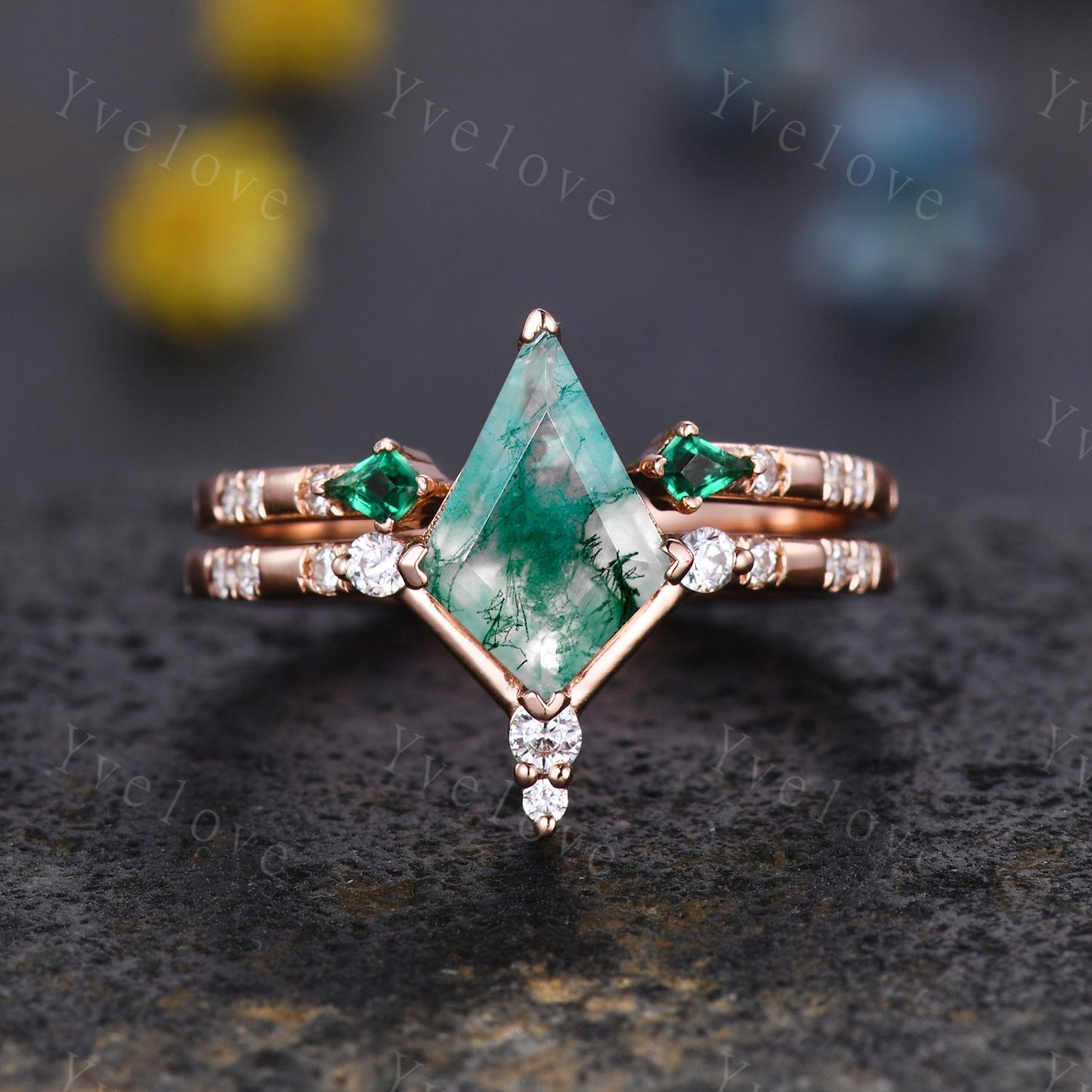 Unique Kite Shaped Moss Agate Engagement Ring,Vintage Natural Agate Ring,Emerald Open wedding Band Bridal set Anniversary Promise Ring