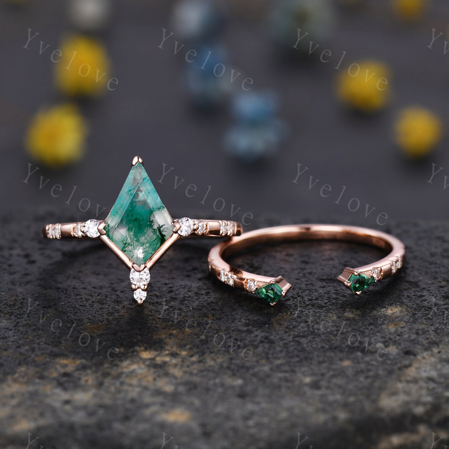 Unique Kite Shaped Moss Agate Engagement Ring,Vintage Natural Agate Ring,Emerald Open wedding Band Bridal set Anniversary Promise Ring