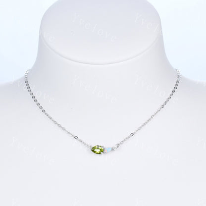 Unique Peridot Opal Necklace,Pear Cut Gems,Art Deco Moissanite Diamond Delicate Dainty Necklace,3 Stone Unique Women Bridal Gift,Silver