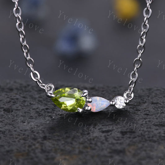 Unique Peridot Opal Necklace,Pear Cut Gems,Art Deco Moissanite Diamond Delicate Dainty Necklace,3 Stone Unique Women Bridal Gift,Silver